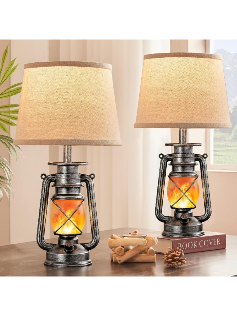Set of 2 Silver LED Lanterns - 18.72” Flickering Flame Table Lamps for Home